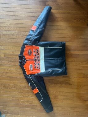 Vintage Harley-Davidson Black, Orange & White Leather Racing Jacket Rare